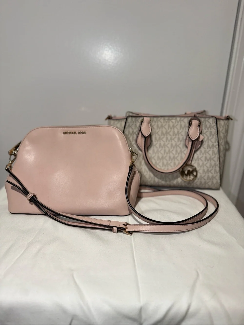 Michael Kors Signature Logo Satchel with Blush Trim
